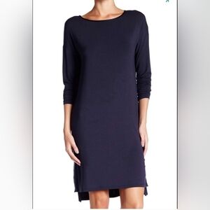 Vince Dress Navy Blue Faux Leather Trim Long Sleeve Pullover Size M